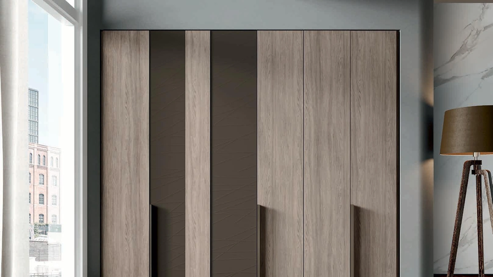 Armadio con ante battenti Step in melaminico gessato rovere e laccato moka di Artigianmobili