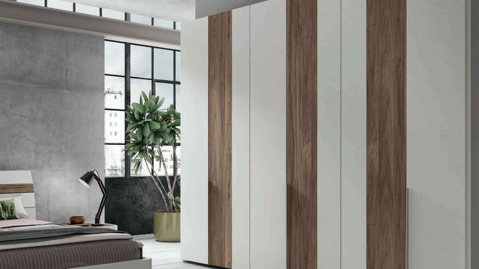 Armadio moderno con ante battenti Step in melaminico cemento bianco e noce chiaro di Artigianmobili