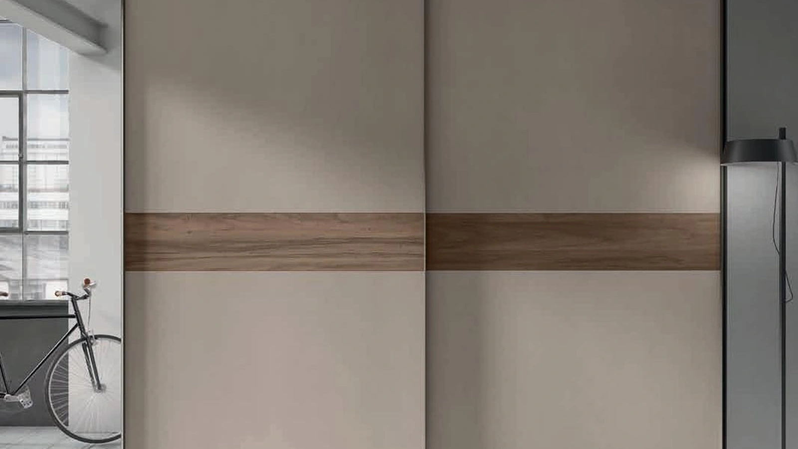 Armadio con ante scorrevoli Tratto in melaminico cemento corda con inserto in legno di noce chiaro di Artigianmobili