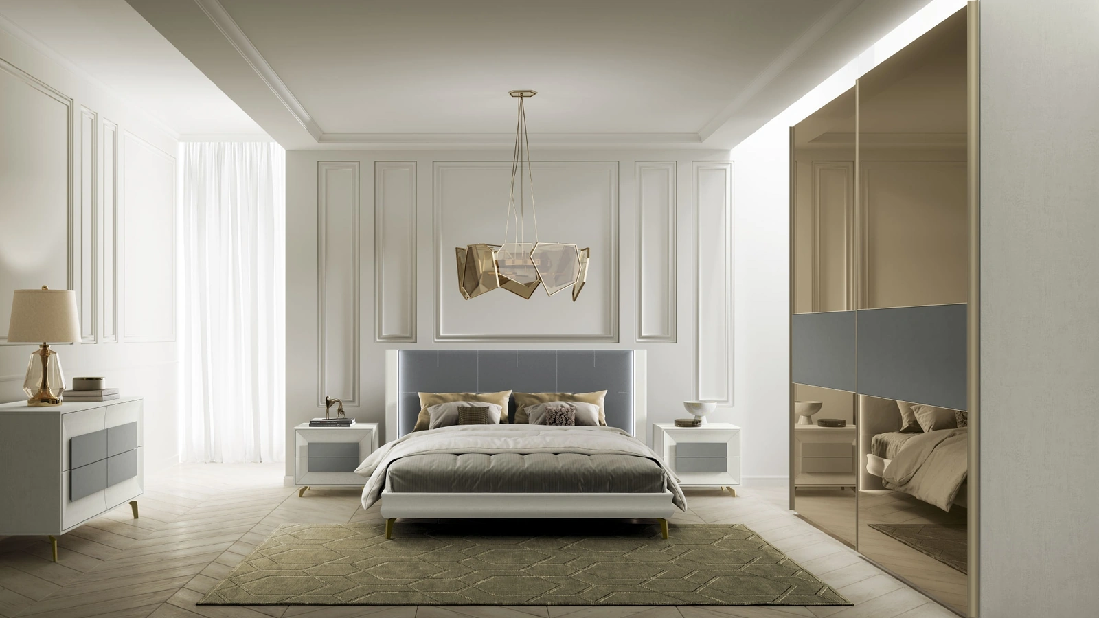 Armadio con ante scorrevoli Batik in specchio bronzo con inserto grigio in pelle e struttura in legno bianco di Artigianmobili