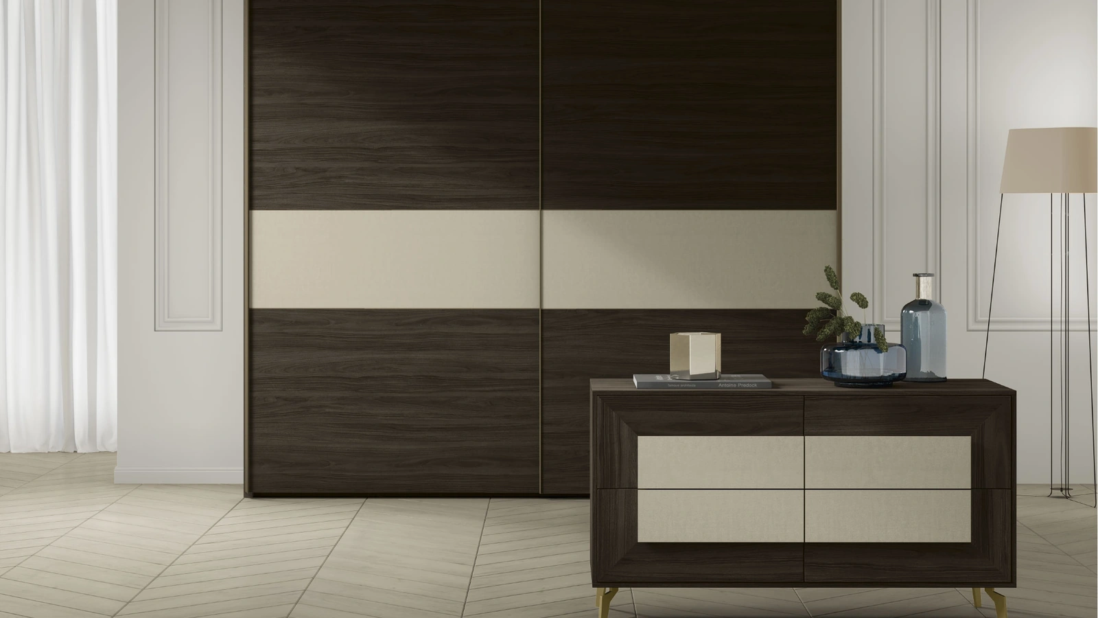 Armadio con ante scorrevoli Batik in Legno con inserto in econabuk di Artigianmobili