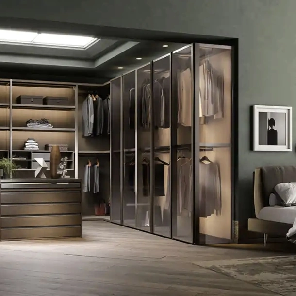 Cabina armadio Antares A122 in nobilitato rovere con ante in vetro di Moretti Compact Giorno Notte