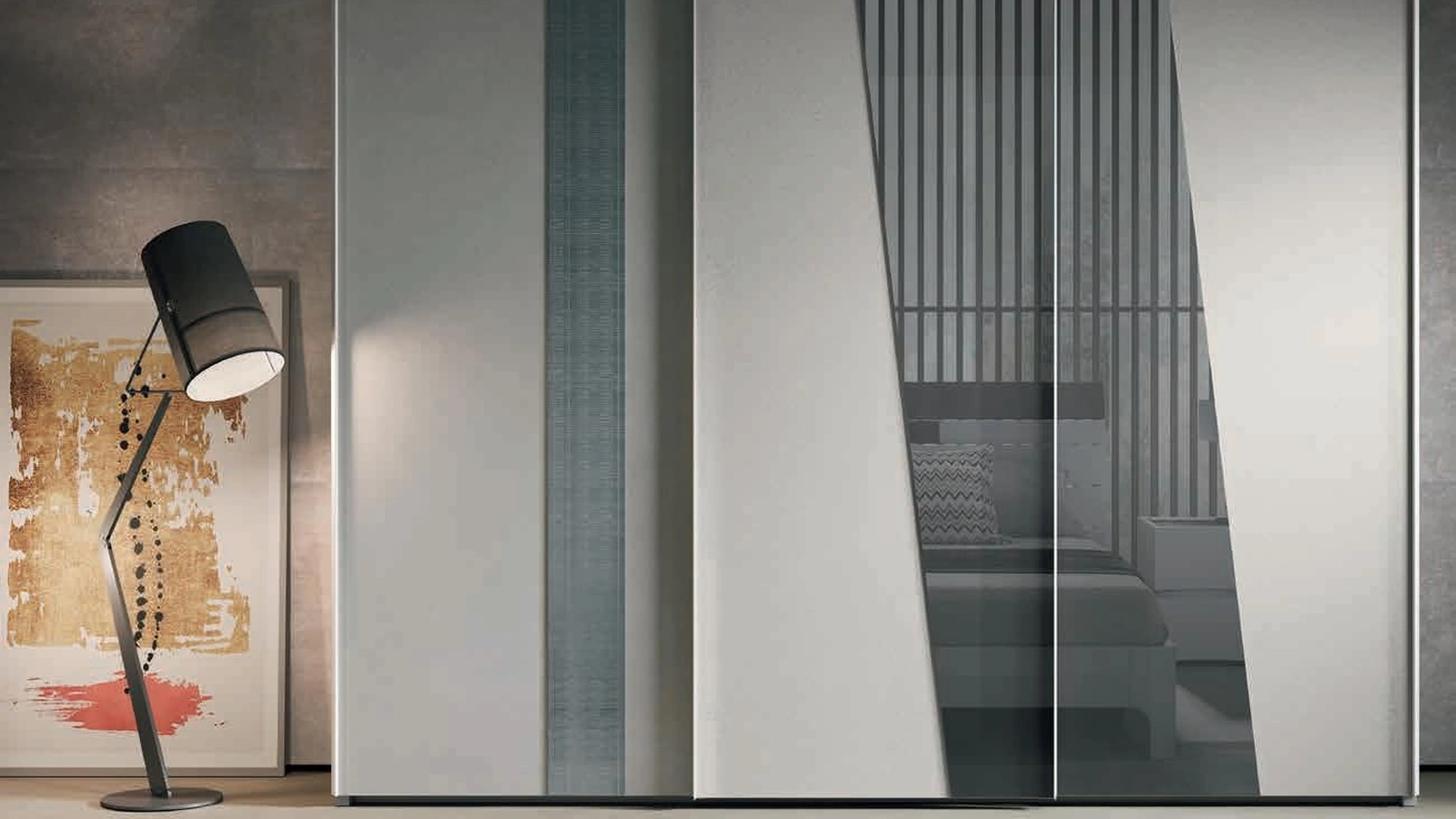 Armadio con ante scorrevoli Code A e Diagonal in melaminico, specchio grigio e vetro texture Glide di Artigianmobili