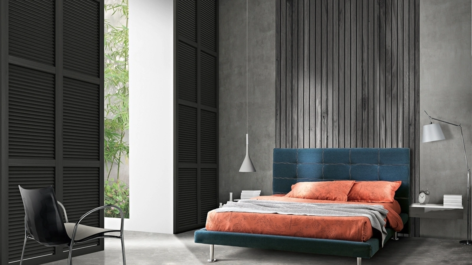 Letto matrimoniale in velluto blu con testiera dalla doppia cucitura in rilievo Bellini di Artigianaletti