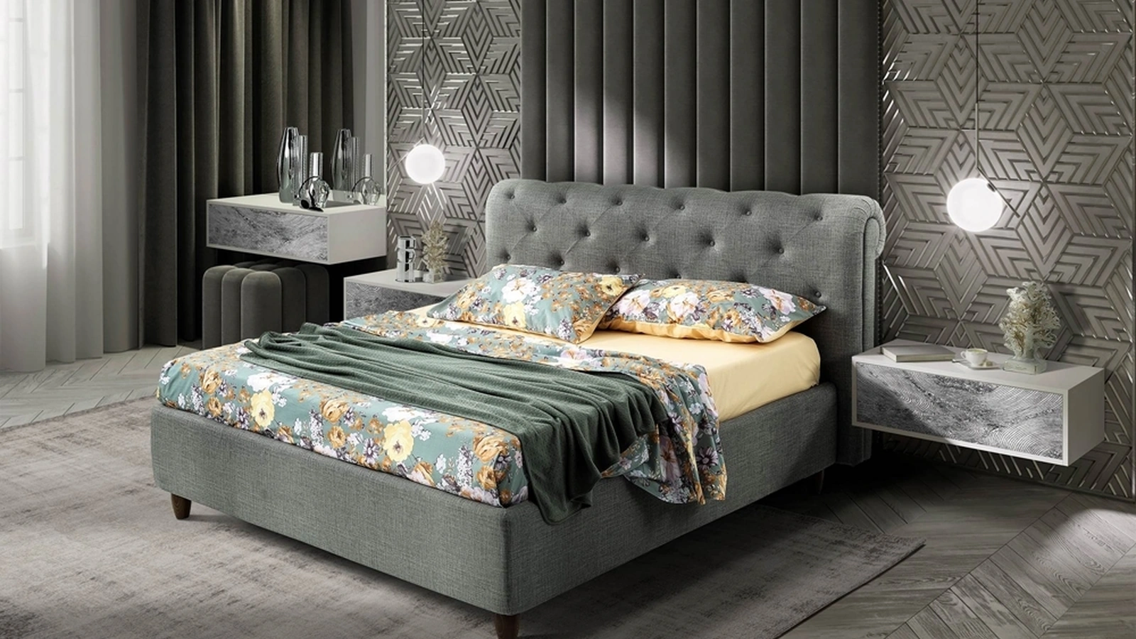 Letto in tessuto con testiera capitonné Boheme di Artigianaletti