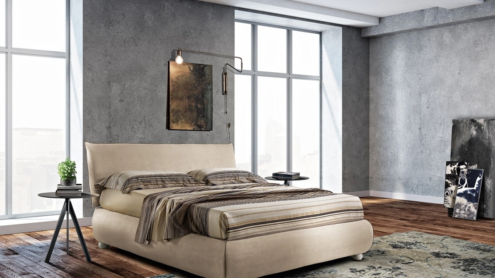 Letto in tessuto beige con giroletto bombato Felix di Artigianaletti
