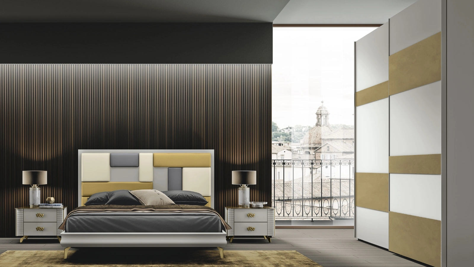 Letto laccato opaco con testiera con inserti in tessuto Griffe e Bijoux di Artigianmobili