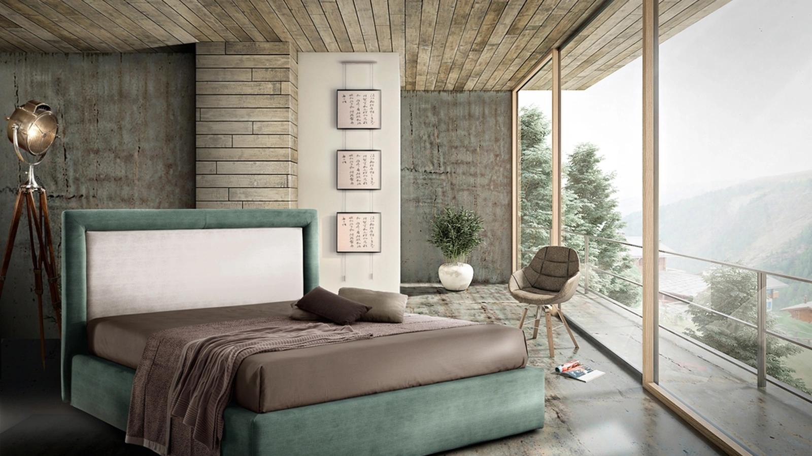 Letto elegante e lineare in tessuto con testiera bicolore Line di Artigianaletti