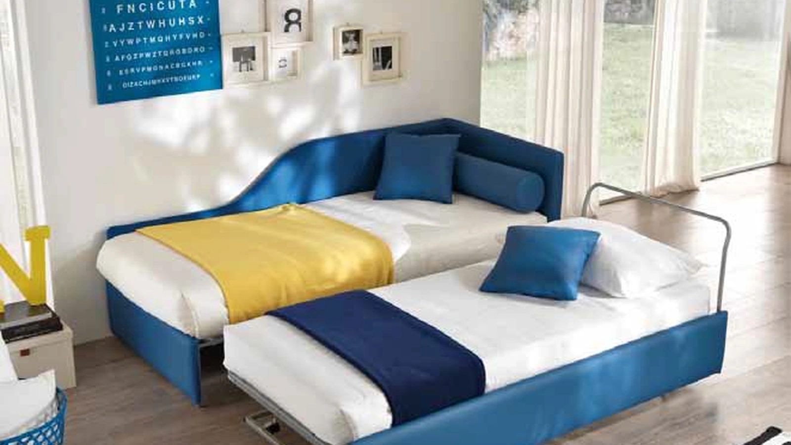 Letto singolo Clik-Clak con letto estraibile di Susan imbottiti