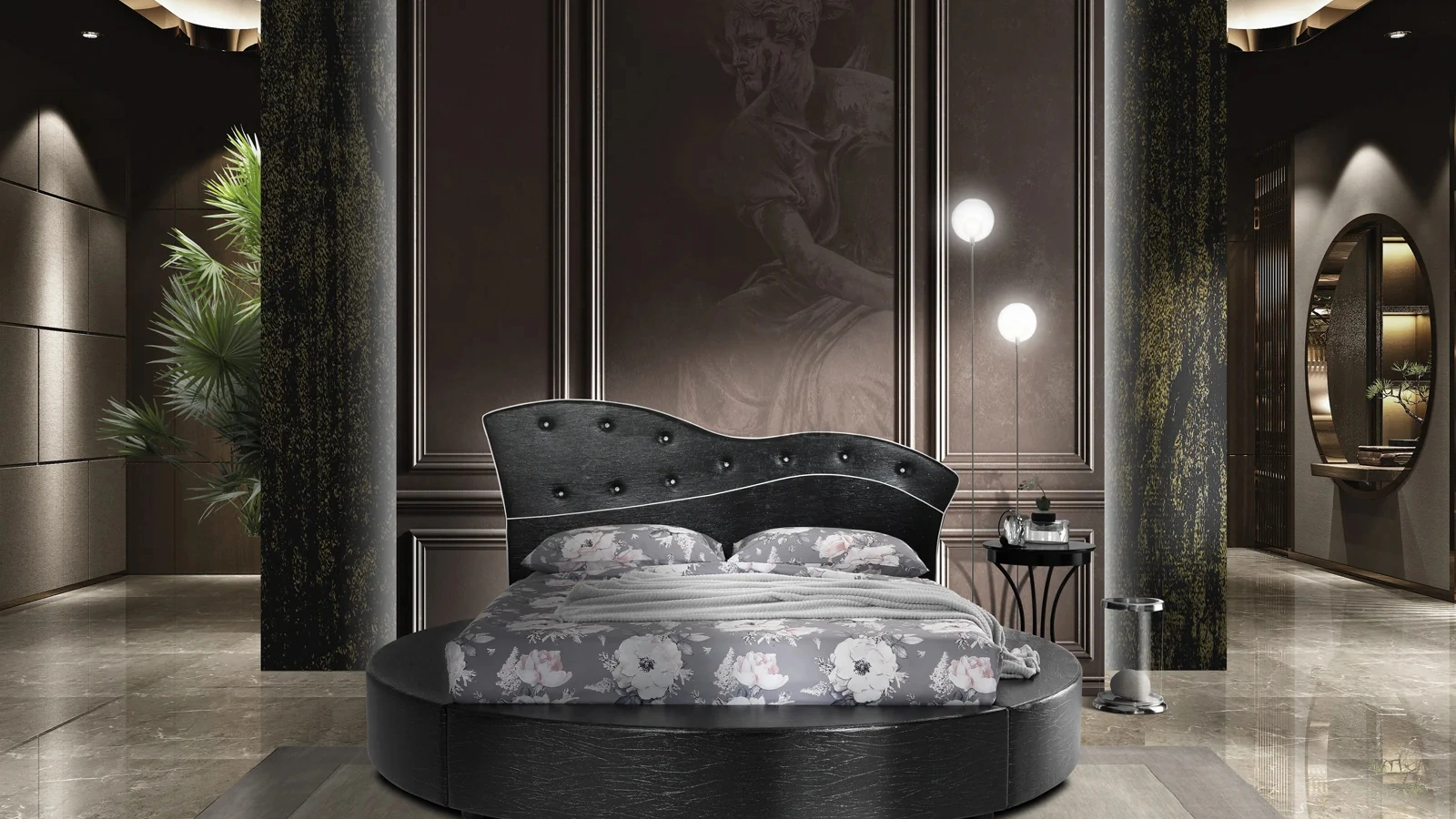 Letto rotondo in ecopelle scura e bottoni chiari Tondo Fly di Artigianaletti