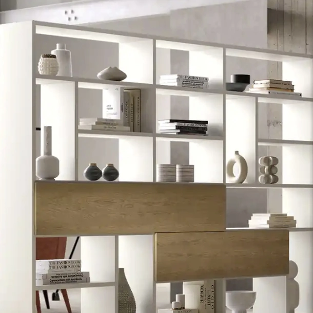 Libreria divisoria Kosmos KL211B in melaminico e legno di Moretti Compact Giorno Notte