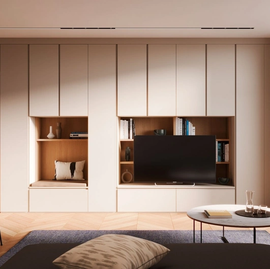 Parete Attrezzata Living in melaminico Bianco e Rovere Modul Box di Nardi Interni