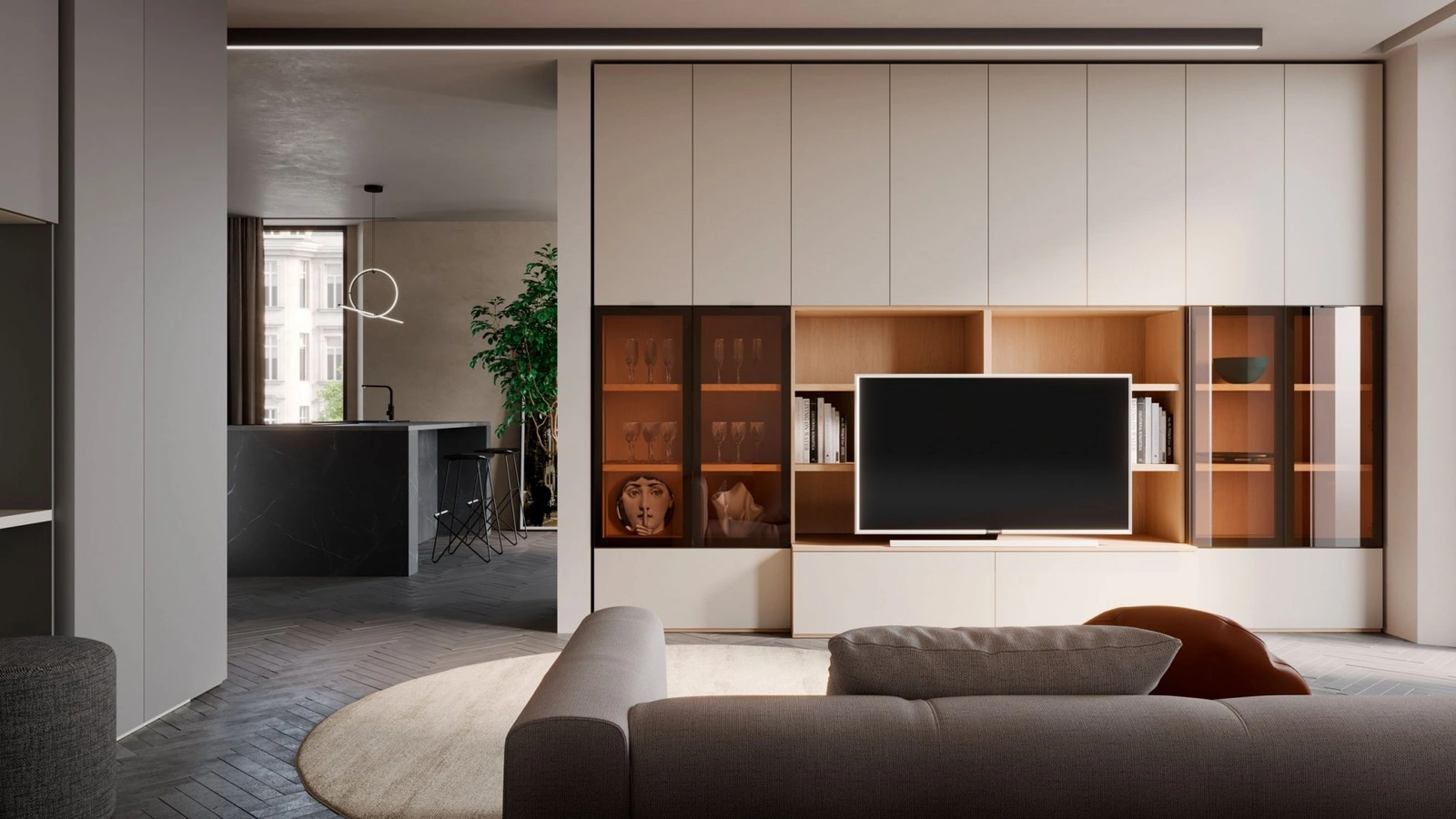 Parete Attrezzata Living in melaminico Rovere e Tortora Modul Box di Nardi Interni