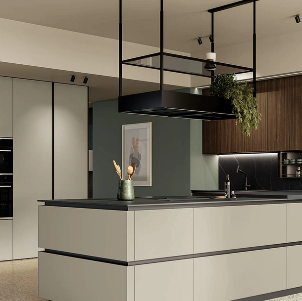 Cucina Moderna con penisola Altea Composizione 02 in vetro opaco di Prima Cucine