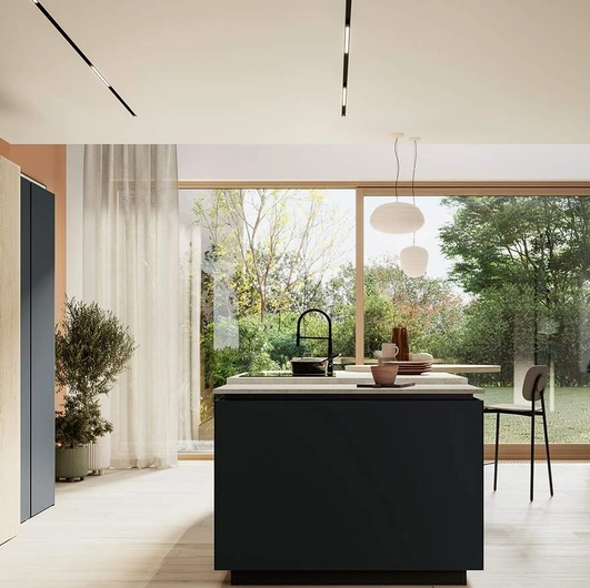 Cucina Moderna con isola Altea Composizione 03 in vetro nero opaco di Prima Cucine