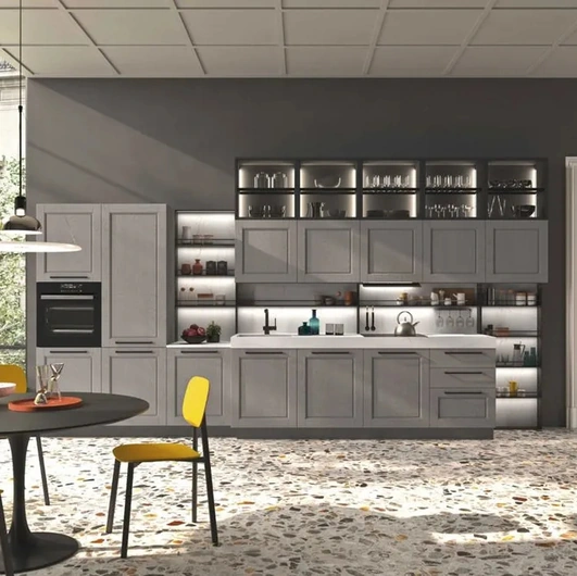 Cucina Moderna lineare in legno laccato platino e top in HPL Cloe 02 di Ar-Tre