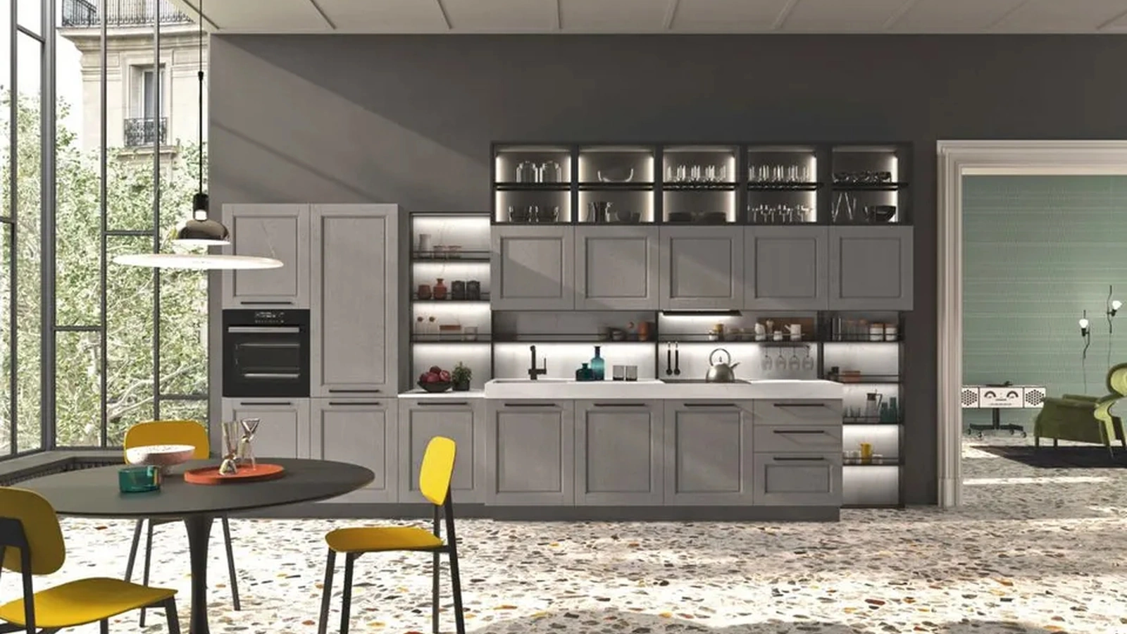 Cucina Moderna lineare in legno laccato platino e top in HPL Cloe 02 di Ar-Tre