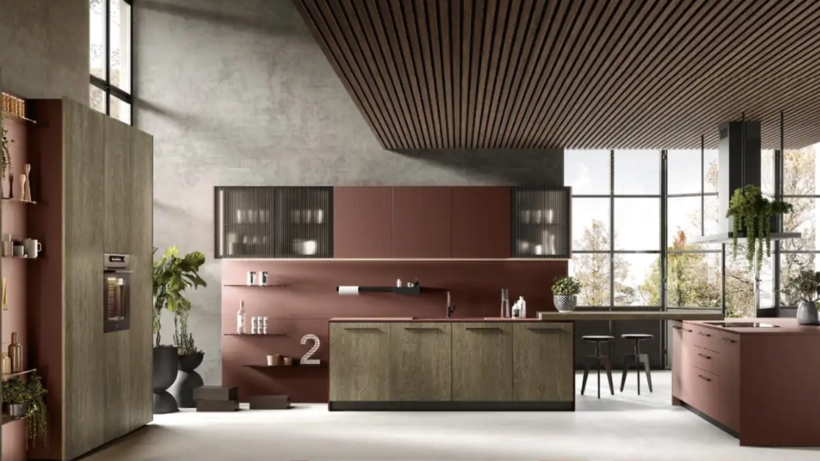 Cucina Moderna con isola College 02 in rovere yuta e fenix rosso jaipur di Moretti Cucine
