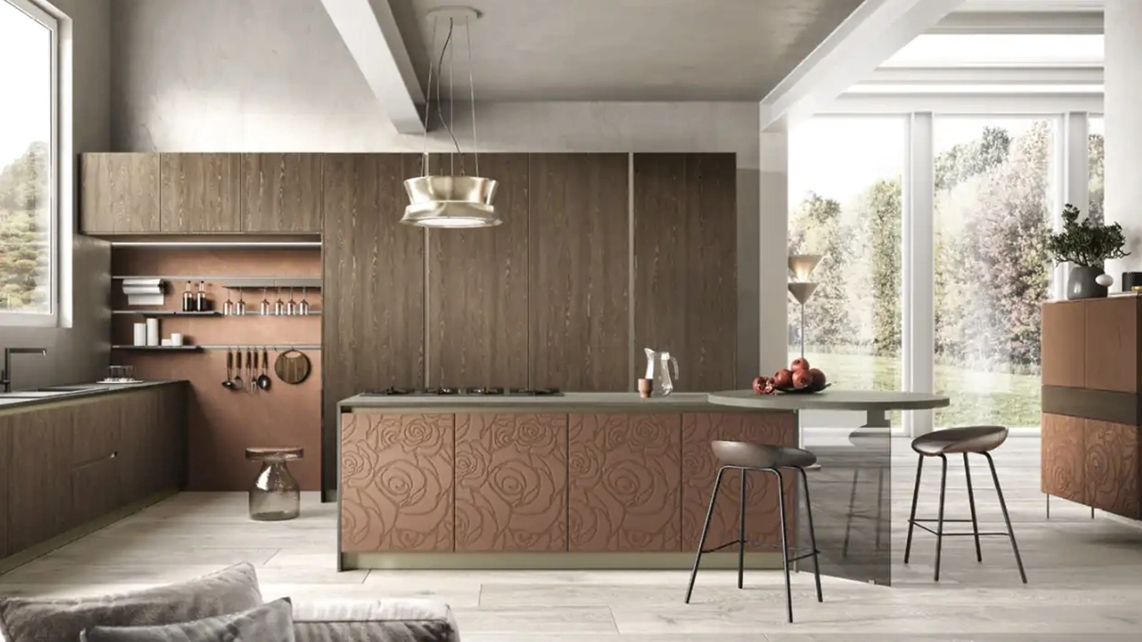 Cucina Moderna con isola Mirage 04 in melaminico rovere e malta con decoro di Moretti Cucine