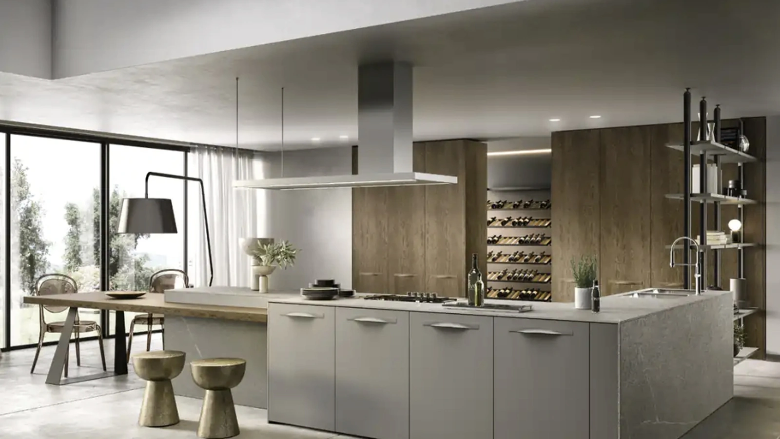 Cucina Moderna con isola Moon 01 in laccato pietra e rovere yuta di Moretti Cucine
