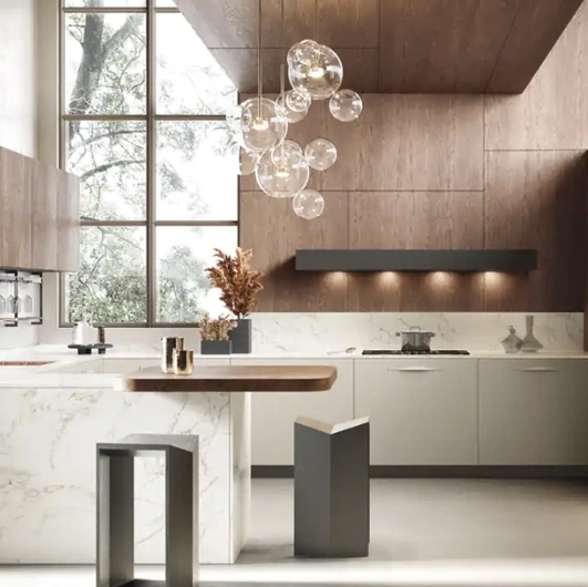 Cucina Moderna con penisola Moon 03 in laccato, rovere e dekton di Moretti Cucine