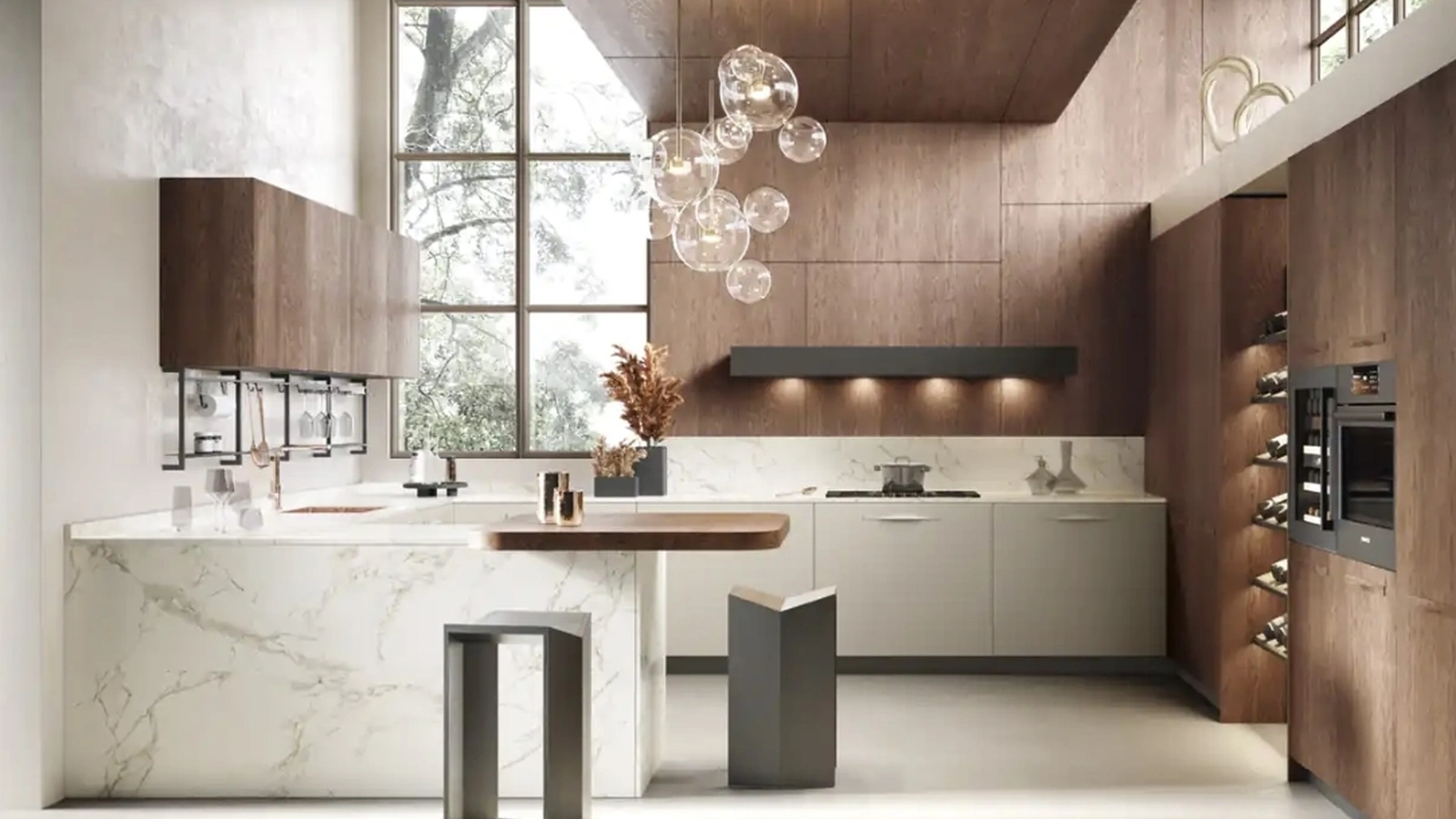 Cucina Moderna con penisola Moon 03 in laccato, rovere e dekton di Moretti Cucine