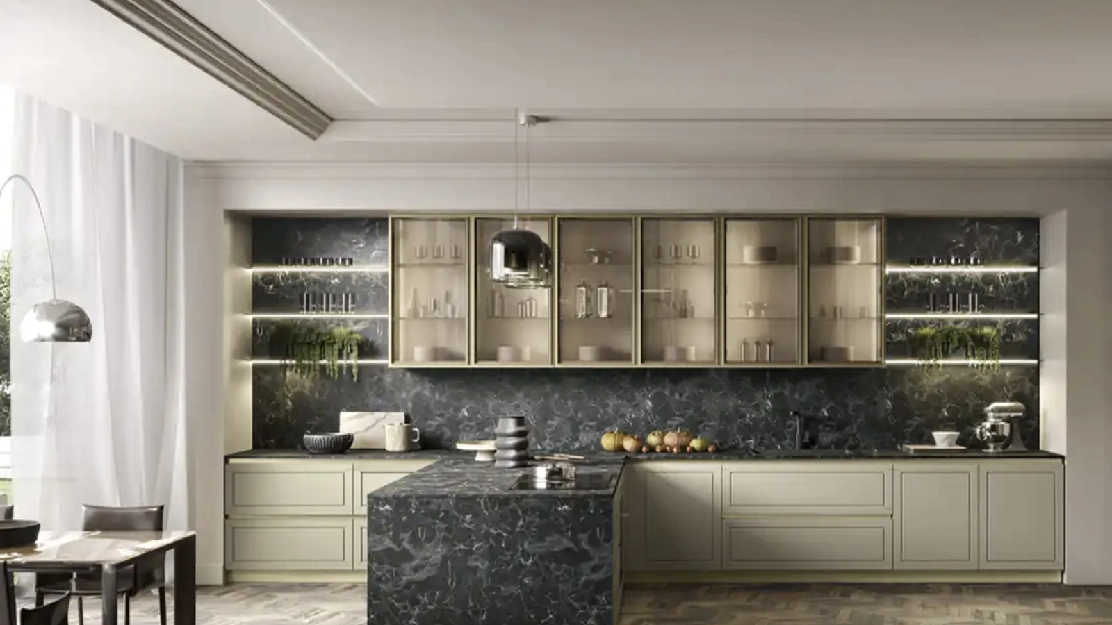Cucina Moderna con penisola Myriad 03 in laccato e laminato HPL di Moretti Cucine