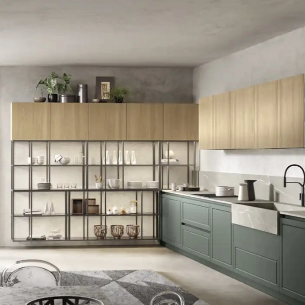 Cucina Moderna ad angolo Myriad 04 in laccato muschio e melaminico rovere miele di Moretti Cucine