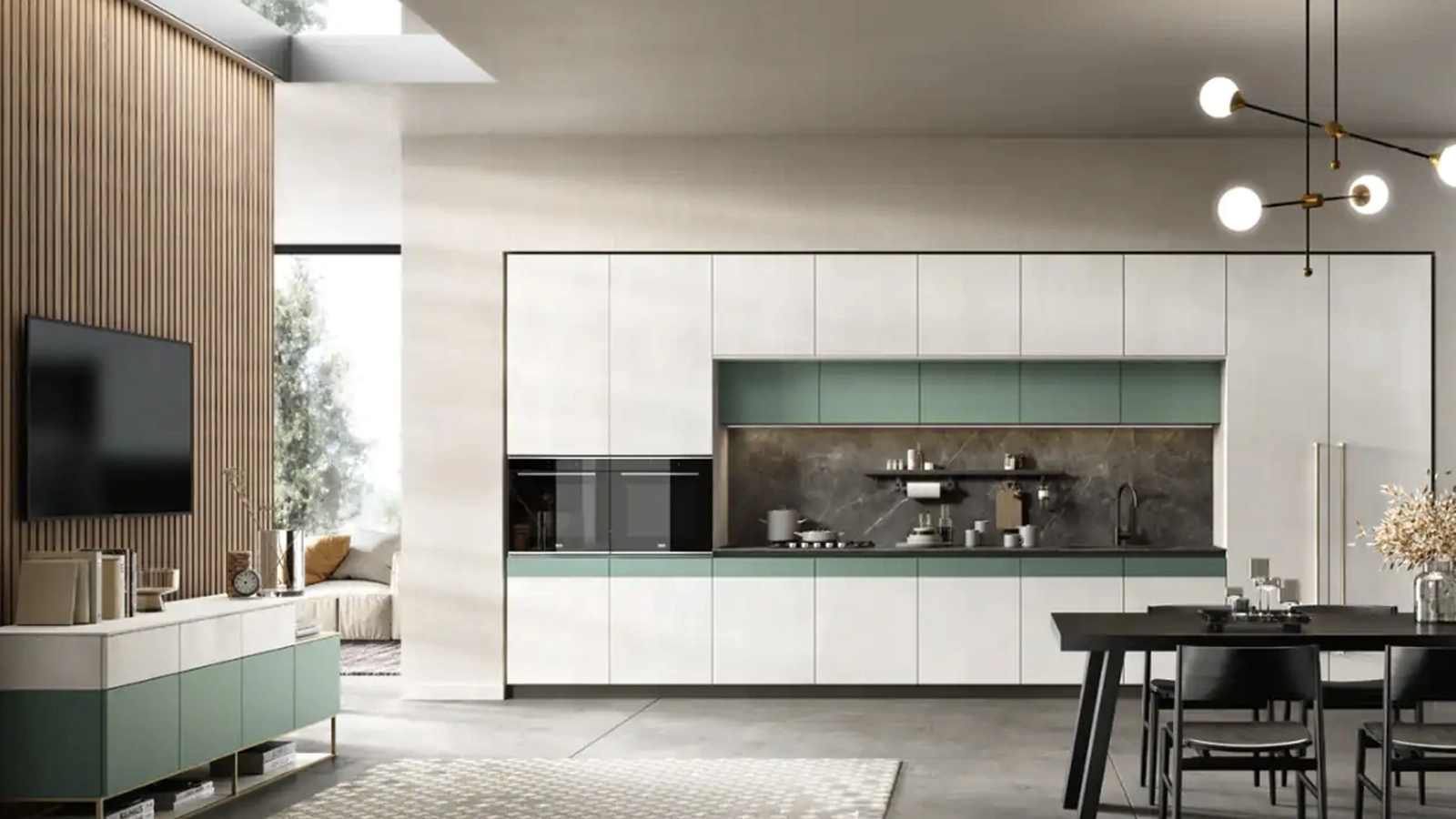 Cucina Moderna lineare Natural 03 in melaminico resina e laccato opaco salvia di Moretti Cucine