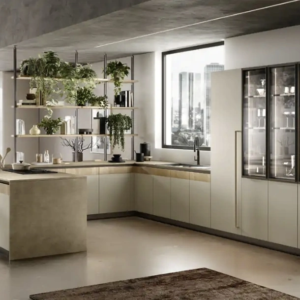 Cucina Moderna con penisola Natural 04 in laccato opaco tortora e melaminico rovere di Moretti Cucine