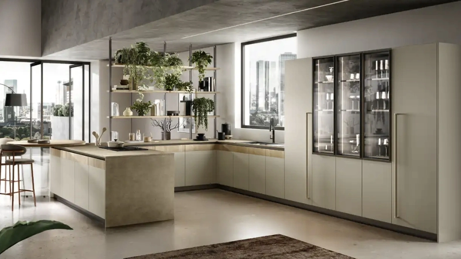 Cucina Moderna con penisola Natural 04 in laccato opaco tortora e melaminico rovere di Moretti Cucine