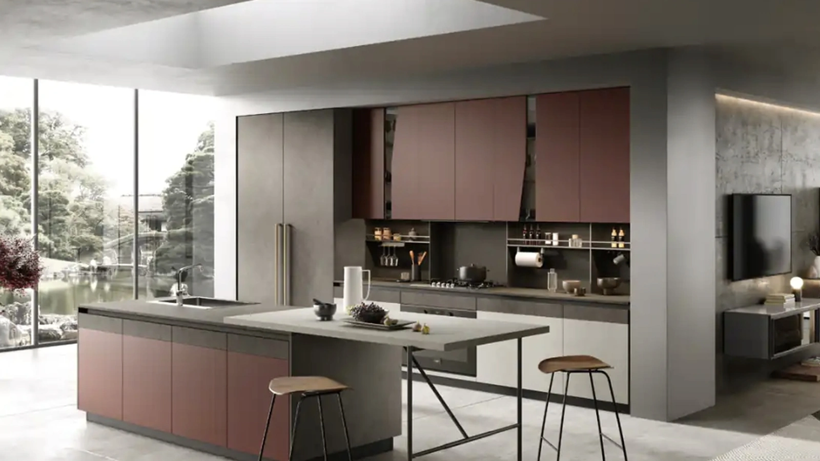 Cucina Moderna con isola Natural 05 in melaminico e laccato porpora di Moretti Cucine