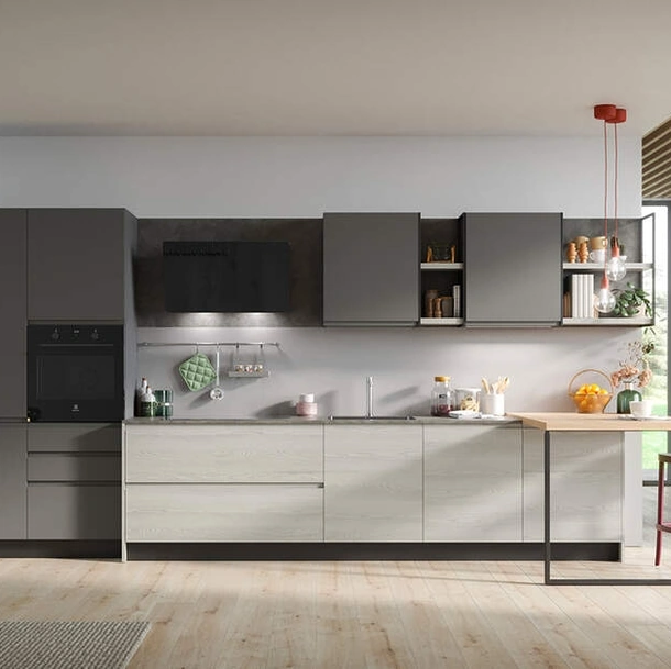 Cucina Moderna in laminato frassino e pet con penisola Fly Composizione 04 di Prima Cucine