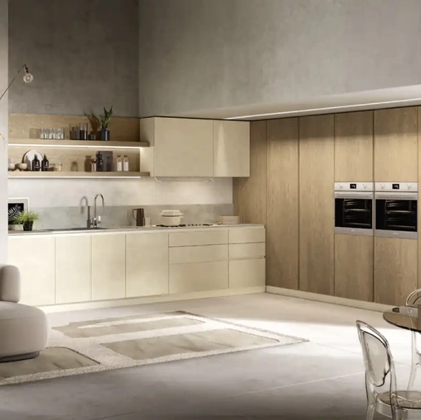 Cucina Moderna angolare Venere 03 in laccato e rovere biondo di Moretti Cucine