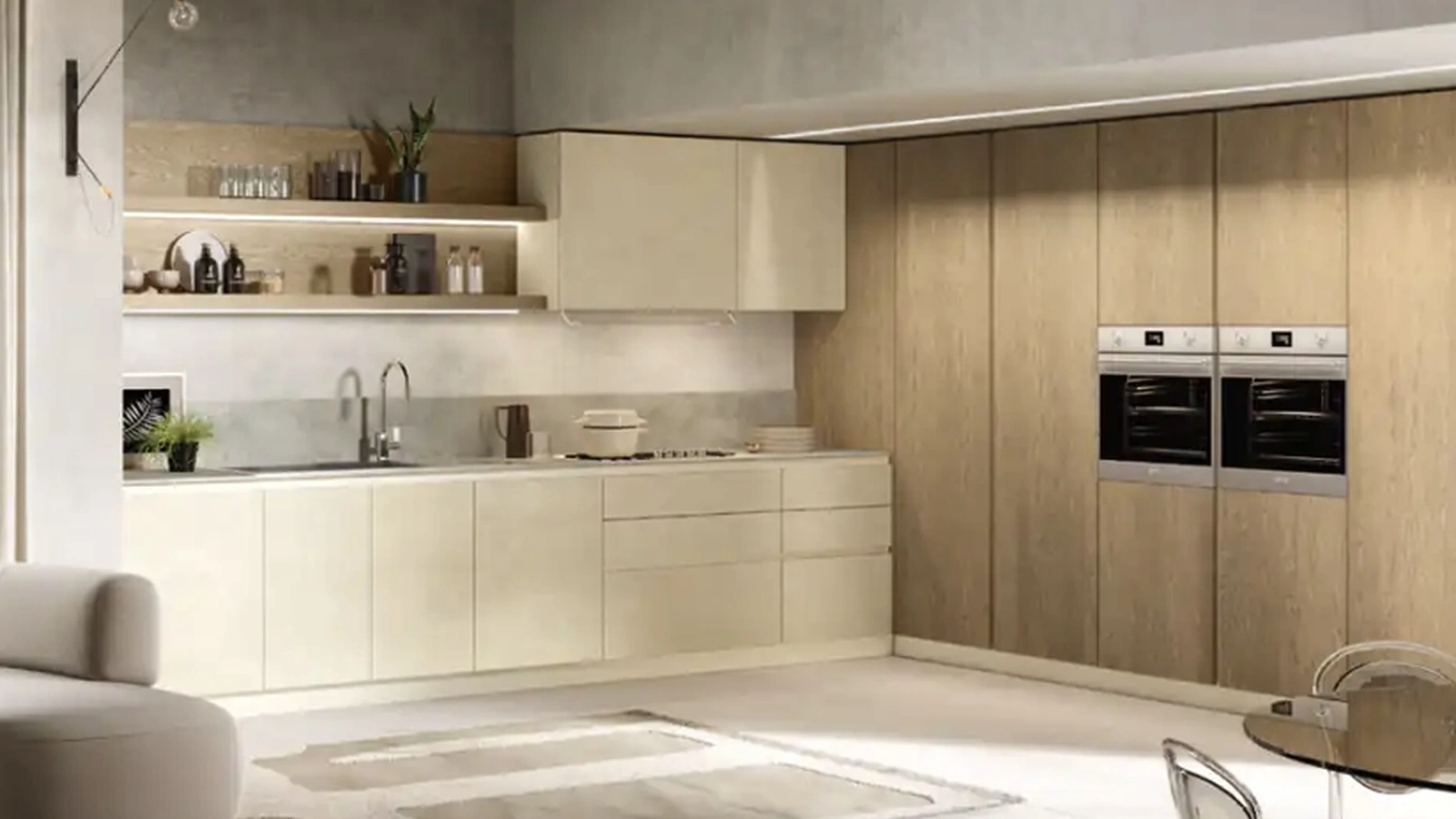 Cucina Moderna angolare Venere 03 in laccato e rovere biondo di Moretti Cucine