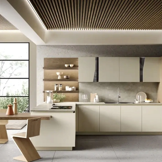 Cucina Moderna con penisola Venere 05 in laccato e rovere tabacco di Moretti Cucine