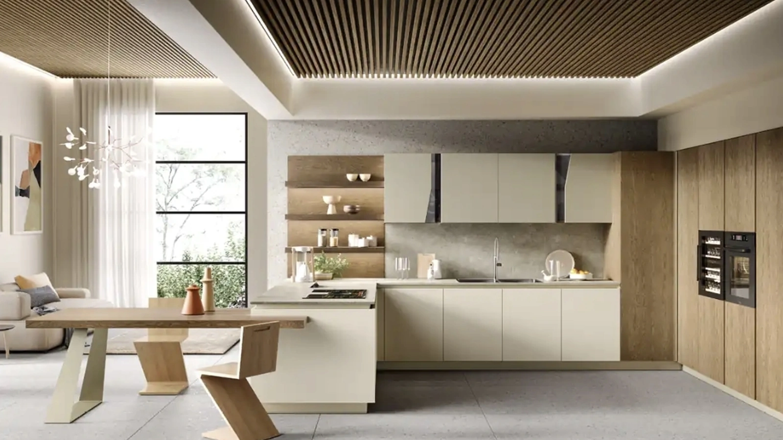 Cucina Moderna con penisola Venere 05 in laccato e rovere tabacco di Moretti Cucine